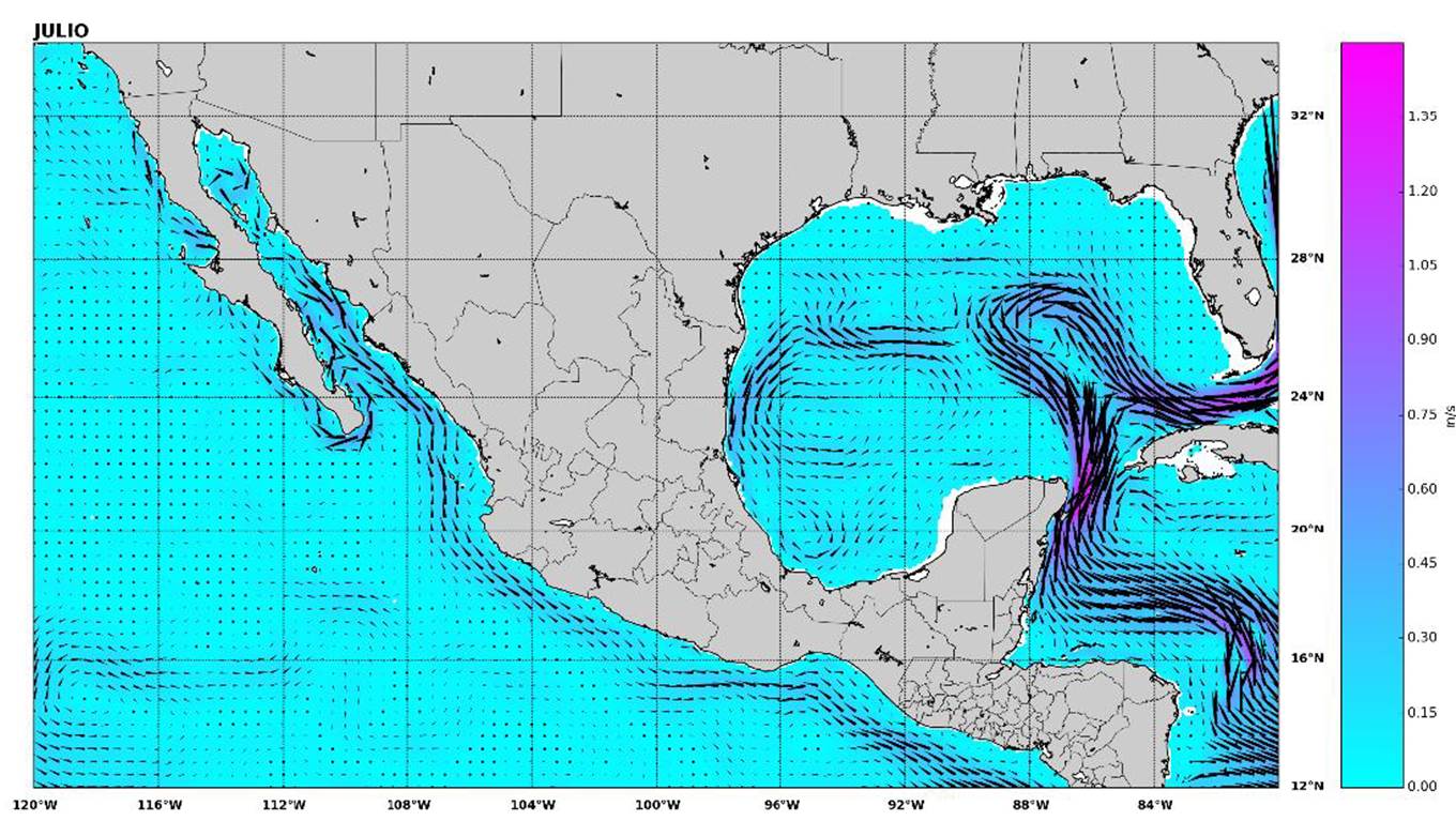 Mapeo de corrientes oceanicas con las cuales se desarrollará energía oceánica. Fuente CEMIE.